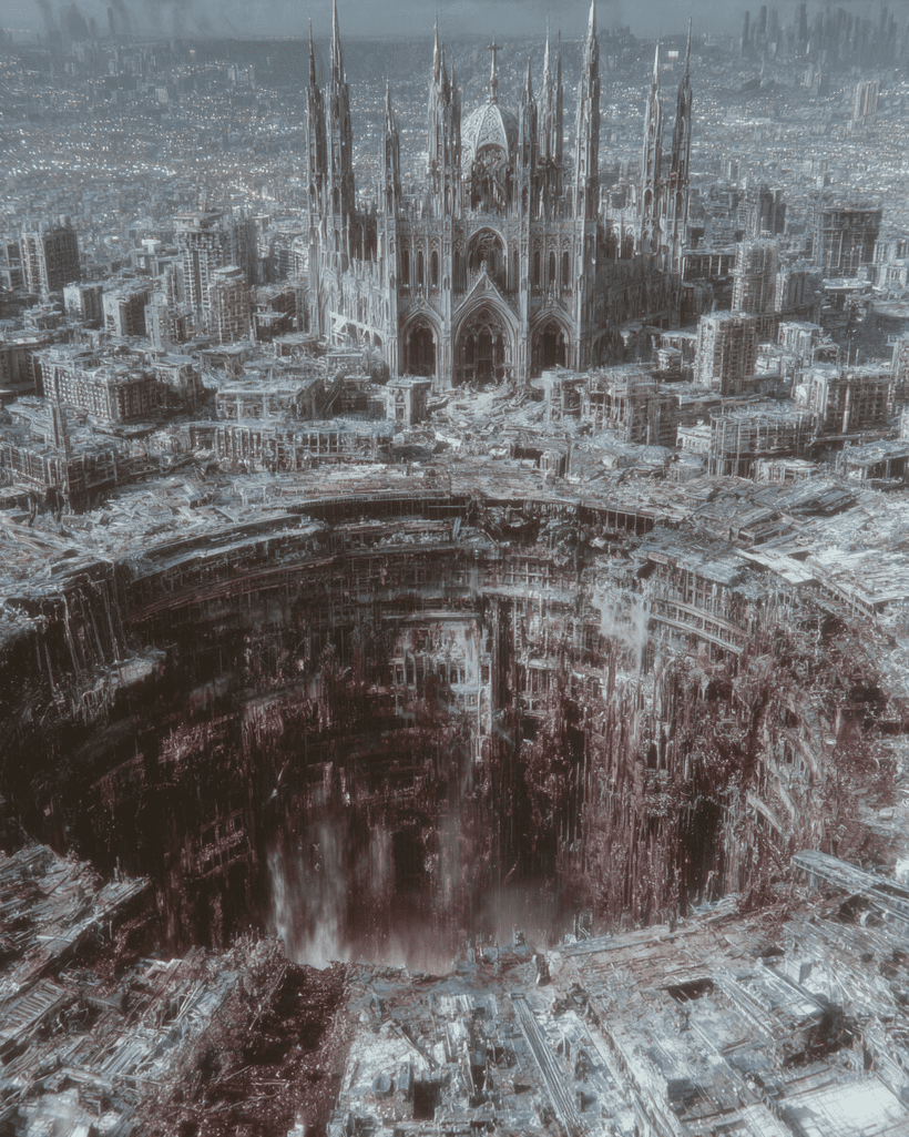 Una vista aérea de una vasta ciudad en ruinas, dominada por un enorme cráter y una imponente estructura gótica. En el centro superior de la imagen, se alza una gigantesca construcción que asemeja una catedral gótica o un castillo, con múltiples pináculos altos, arcos elaborados y una cúpula central. Sus paredes son de un gris claro, casi blanco. Alrededor de esta estructura, la ciudad se extiende hasta el horizonte, mostrando innumerables edificios de gran altura en diversos estados de destrucción. Muchos parecen esqueletos de hormigón y acero, deshabitados y derruidos. En el primer plano y ocupando gran parte de la mitad inferior de la imagen, hay un colosal cráter circular. Sus paredes interiores revelan capas de edificios colapsados y estructuras retorcidas, dando la impresión de un abismo urbano. Hacia el fondo del cráter, se percibe una neblina rojiza o un resplandor tenue, sugiriendo profundidad y un ambiente misterioso. La paleta de colores es predominantemente fría y desaturada, con tonos de gris, azul pálido y marrón rojizo oscuro en el cráter, lo que confiere a la imagen un ambiente desolado y post-apocalíptico.