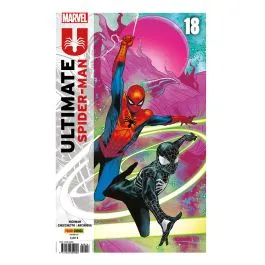 Portada de "Ultimate Spider-Man 18" con Peter Parker en su traje clásico y por no hacer spoiler otra persona más joven vistiendo el tradicional traje negro. Se están balanceando mientras que de fondo se ve como en una nube rosada la típica pecera y parte inicial de la capa de Misterio.