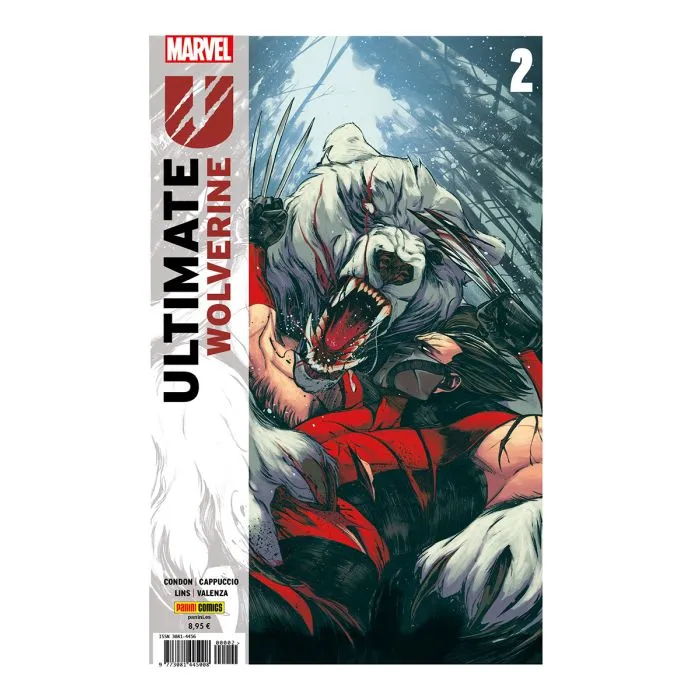 Portada de "Ultimate Wolverine 2"en el que se ve a Lobezno luchadno contra un oso blanco. Están envueltos en una lucha violenta en un bosque nevado. Tanto el oso como Lobezno están llenos de heridas, arañazos y sangre.