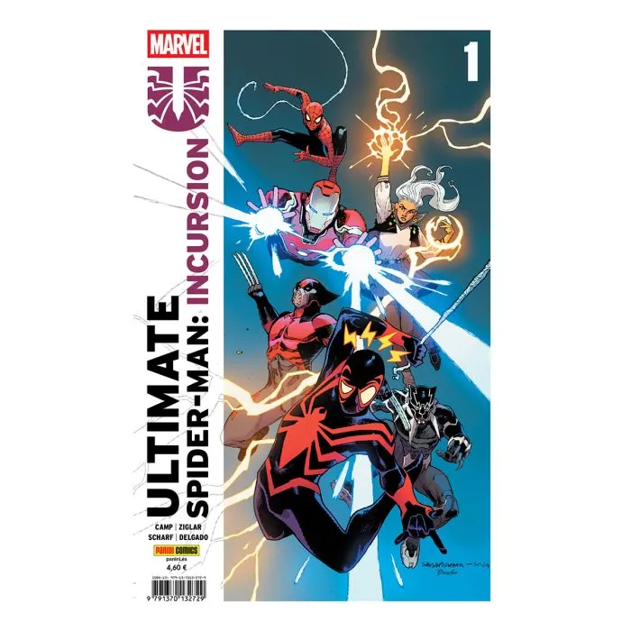 Portada de "Ultimate Spider-Man: Incursion 1": Muestra desde delante hacia atrás a los siguientes héroes: - Spider-man Miles Morales con su traje característico negro y rojo (es el del universo 616), se balance con una telaraña y tiene expresión de asombro mientras se muestra su sentido arácnido con cuatro rayitos saliendo de su cabeza. - El Lobezno del nuevo universo Ultimate con su traje negro y rojo. Está con las garras desplegadas y dando un salto. - El Black Panther del nuevo universo Ultimate aunque lleva unos adornos que actualmente no usa en su colección. También está saltando hacia delante. ¿Será una señal de que Pantera Negra por fin va a juntarse con otros personajes del nuevo universo Ultimate? - Una armadura tipo Ironman que imagino se trata del Tony Stark del nuevo Universo ultimate y por tanto es Iron Lad. Lleva los tradicionales colores rojos y dorado del hombre de hierro. - Una chica de pelo blanco y largo con una camiseta blanca y una faldita oscura hasta la rodilla, usando su poderes del relámpago que la verdad es que no tengo claro si es la Tormenta del Unvierso Ultimate (que no tiene para nada ese aspecto) o si se trata de Mei de la serie Ultimate X-men de Peach Momoko (por las pintas estoy casi seguro de que es ella). ¿Será un spoiler de que por fin los X-men japoneses se van a cruzar con el resto del Universo Ultimate? - Finalmente tenemos al Ultimate Spider-man de fondo con su tradicional traje rojiazul deslizándose con una teleraña. El fondo solo es ¿cielo? azul.