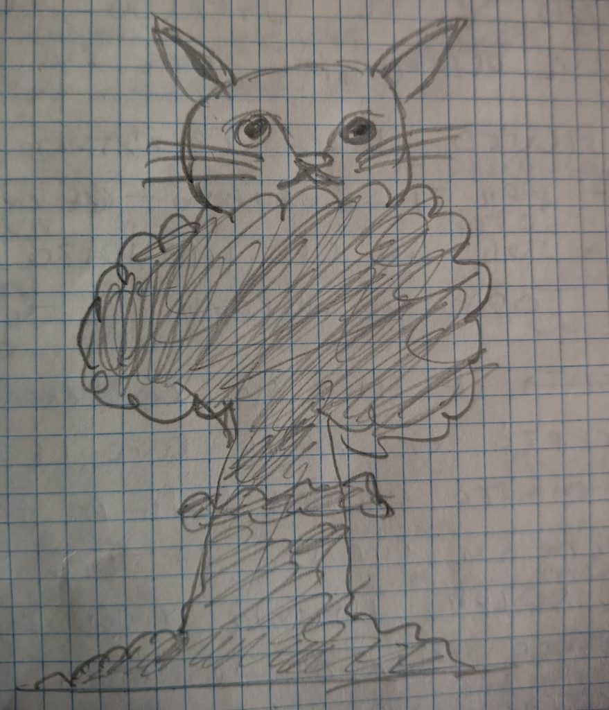 Foto de un dibujo hecho a mano con lápiz. Se ve el hongo de una explosión nuclear y un la cabeza de un gato que surge de la parte superior del hongo.