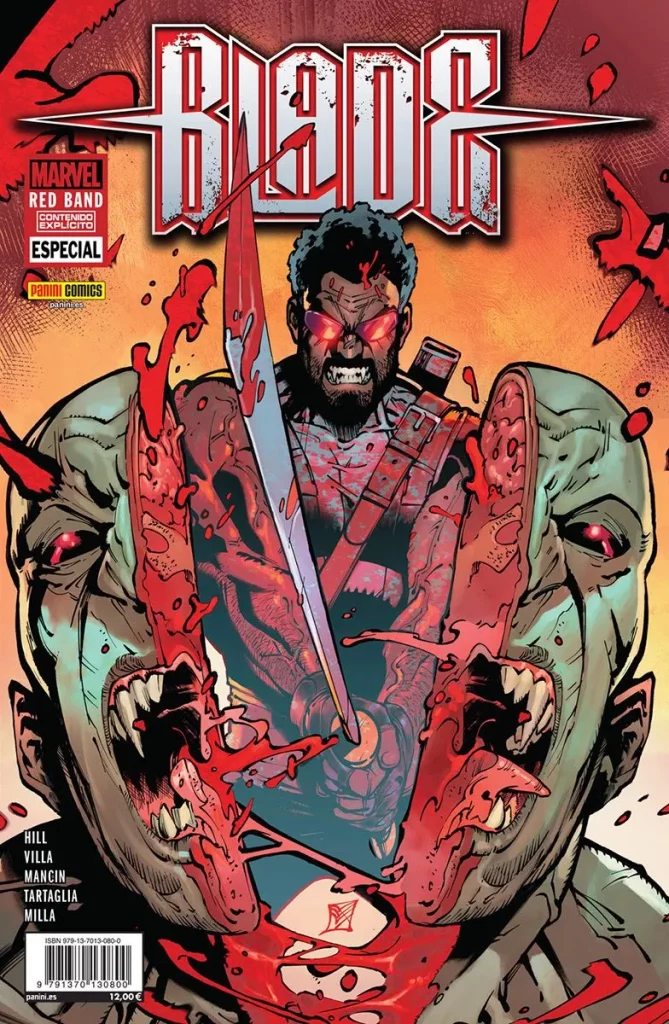 Portada del cómic especial de Blade Red Band publicado por panini comics. Se ve el nombre de Blade en una tipografía como metálica en la parte superior del cómic. Ocupando la mayor parte de la portada sale Blade partiendo por la mitad con una espada la cabeza y la parte superior del torso de un vampiro. Ambos de frente a la cámara.