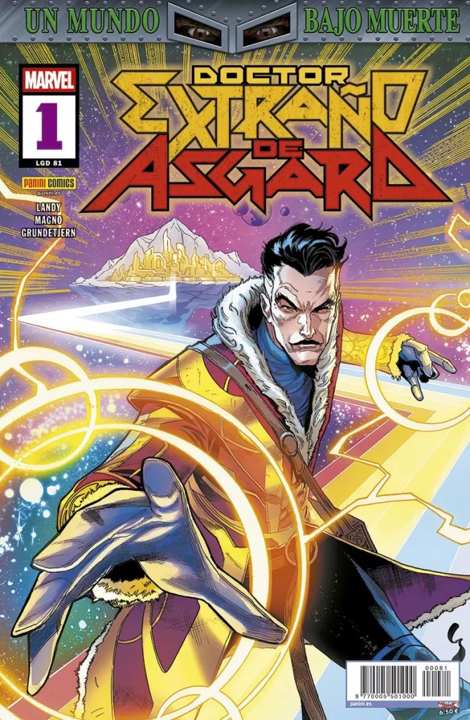 Portada del cómic Doctor Extraño de Asgard. En la parte superior de la portada aparece la frase "Un mundo bajo muerte" indicando que este especial pertenece a ese evento. Justo debajo de este texto a la izquierda aparece el número 1 y ocupando la mayor parte de esa parte superior el título de la colección (Doctor Extraño de Asgard). 
Ocupa la parte central e inferior del cómic una Asgard de fondo con poco detalle y un Doctor Extraño en primer plano haciendo sus conjuros típicos circulares dorados. 