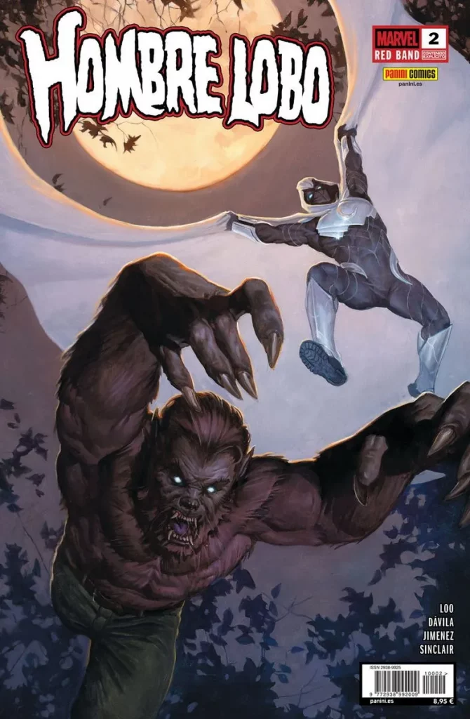 Portada del número 2 de la serie Hombre Lobo de Marvel publicada por Panini España. En la portada se puede ver la luna llena en el fondo, el caballero Luna cayendo del cielo con su capa desplegada y el hombre lobo abalanzándose sobre un enemigo que queda fuera de la ilustración.