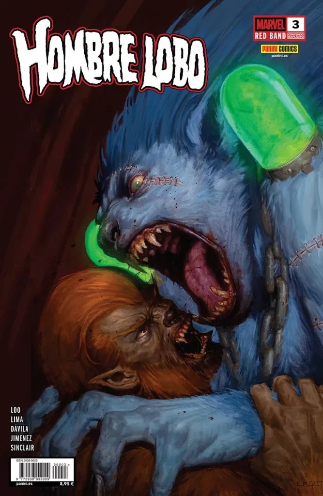 Portada del número 3 de la serie Hombre Lobo de Marvel publicada por Panini España. En la portada se puede ver al hombre lobo peleando con una criatura monstruosa (también con rasgos de lobo pero monstruosamente grande)