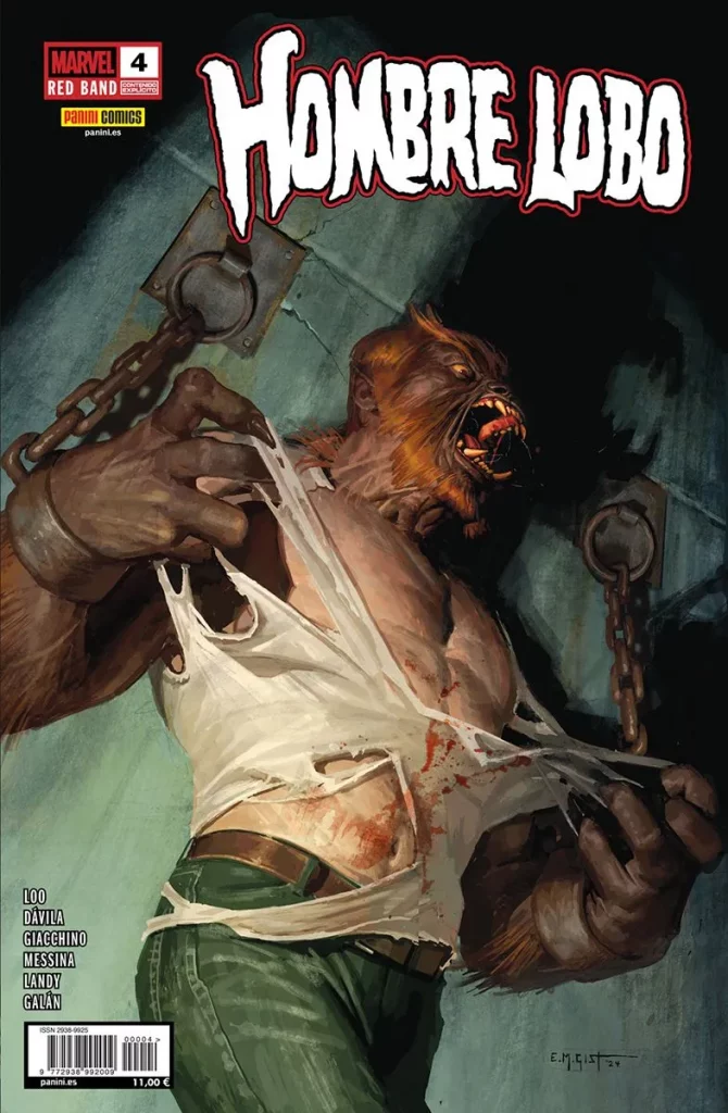 Portada del número 4 de la serie Hombre Lobo de Marvel publicada por Panini España. En la portada se puede ver al hombre lobo encadenado a una pared con unos fuertes grilletes en los brazos mientras rasga su camiseta furioso.