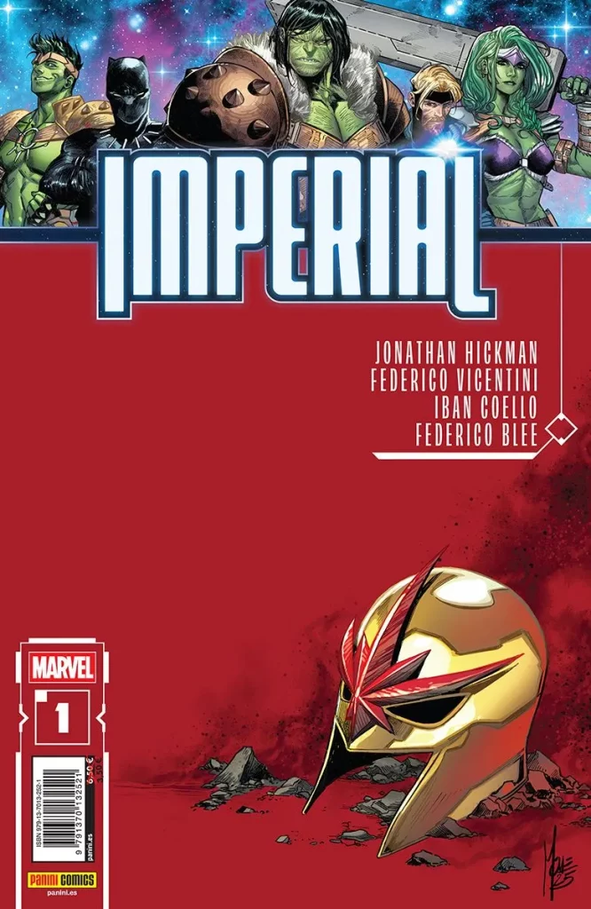 Portada de un cómic. En la parte superior podemos ver de izquierda a derecha a Vigor, Pantera negra, Hulk, Starlord y Hulka. Separados del resto de la portada por una franja azul oscura. La parte inferior de la portada es completamente roja y en la parte inferior podemos ver los restos humeantes de rocas junto a un casco de Nova. Las palabras Imperial está escritas en la parte central del título. Un número 1 se encuentra en la parte inferior izquierda.