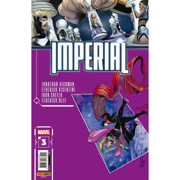 En la parte superior tenemos fichas de ajedrez dentro de las cuales se ven en cada una un personaje. Las más cercanas diría que contienen a Nova y Shuri, una de las lejanas a Ronan y creo que a Black Panther en las otras tres fichas solo se aprecian siluetas. Esto está separado del resto de la portada que es morada y creo que salen peleando Wiccan con otra persona que lleva una espada (¿un skrull?). En la esquina inferior izquierda aparece el número 3 y prácticamente en el centro las palabras Imperial