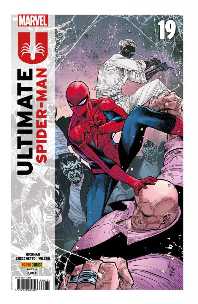 Portada del cómic. Un cuarto de la portada tiene una franja blanca donde está escrito el título de la colección: Ultimate Spider-man. En el lado derecho superior está escrito el número 19 de la colección. 
En la portada se ve a Spider´man peleando contra Kingpin, Mr negativo y un par de diablos, los seguidores de Mr Negativo (portada muy engañosa porque nada de esto ocurre en este número)
