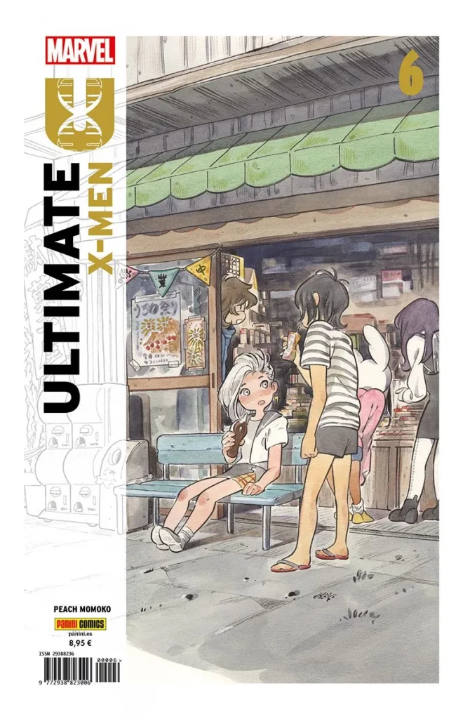 Portada del cómic Ultimate x-men 6 publicado en España por panini comics. En el borde izquierdo hay una línea blanca donde esta el título de la obra y abajo a la izquierda por a la autoria, Peach Momolo y el logro de la editorial. La imagen de la portada se centra en tormenta de mayo, Mei sentada en un banco bebiendo un refresco. A su lado se encuentra la que creo que es Hisako (armadura) tomando algo de espalda a la "cámara". Detrás de ellas hay un local donde se pueden ver de espalda como eligiendo que pedir a Nico Minoru, Natsu y Mori.