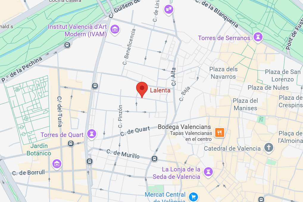 Un mapa de Google Maps de la zona de Valencia donde aparece marcado Lalenta situada en Plaza Vicente Iborra 9 – 46003 – València