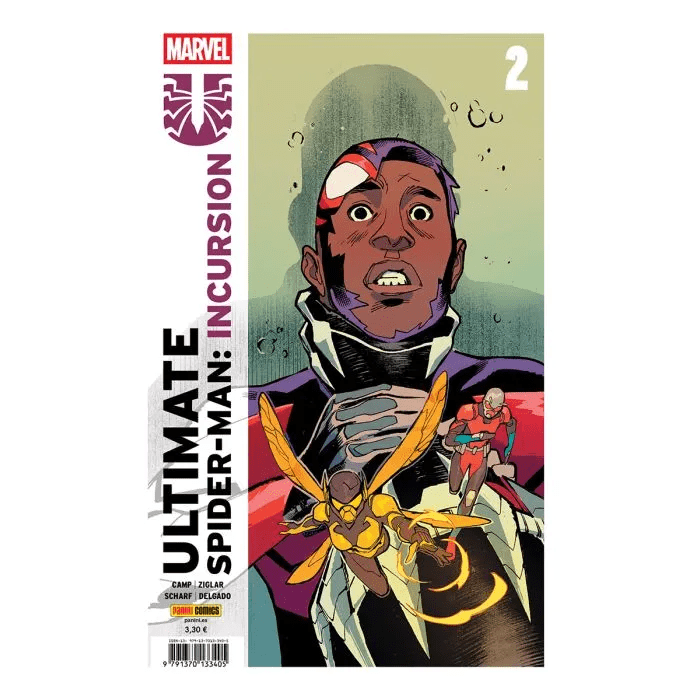Portada de cómic. A la izquierda ocupando más o menos 1/4 hay una franja blanca donde aparece escrito el título de la colección, Ultimate Spider-man: Incursión. En la esquina superior derecha está el número 2. Ocupa el resto de la portada la Miles Morales con la máscara del traje destrozada y cara de asustado. Por delante de él están la avispa volando y Ant-man corriendo (dado la escala es como si estuvieran empezando a encogerse o agrandarse)