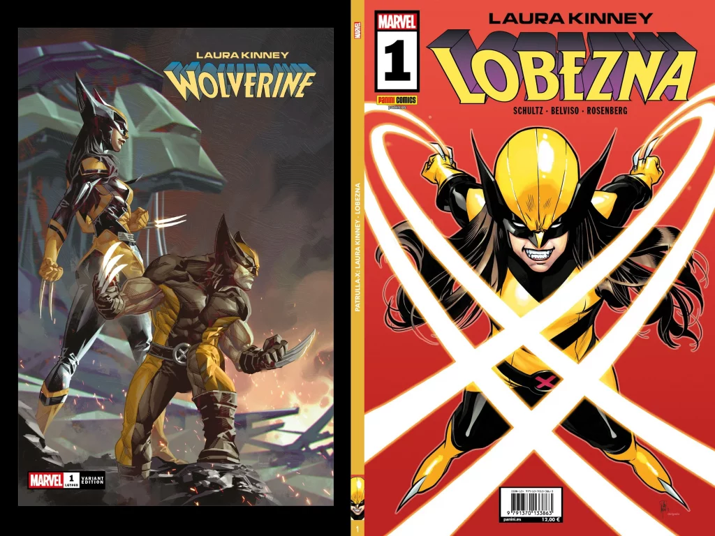 Dos portadas del número 1 de la serie limitada Laura Kinney Lobezna. En la portada de la izquierda, que es una variante, en la que aparece Laura con el traje con los colores clásicos de Lobezno (amarillo y negro) de perfil completamente de pie con sus garras fuera. Un poco por delante de ella se encuentra Lobezno con ese mismo traje clásico, de rodillas con posición de acecho y sus garras fuera también. La otra portada es la oficial del número 1 en la que se encuentra Laura, con el traje clásico amarillo y negro, con los brazos hacia atrás y las garras fuera. Unos surcos blancos indican que acaba de atacar con las garras. También tiene fuera la garra de cada pie.