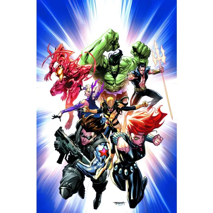 Portada de los Nuevos Vengadores 1 aunque no lleva ningún tipo de tipografía de cabecera, autores, números, etc. Simplemente se ven a los miembros del grupo cargando hacia el combate: En la parte posterior tenemos a Matanza con algunos de sus apéndices afilados desplegados, Hulk con los puños en alto y Namor con la mano derecha hacia delante y su tridente en la izquierda. A continuación se encuentra Clea con las manos en posición de conjurar y Lobezna con los brazos extendidos y las garras desplegadas. Por delante de todos están el Soldado de Invierno con un fusil sujeto con las dos manos y la Viuda Negra con el puño derecho adelantado como si fuera a lanzar los picotazos de su brazalete. Todos visten sus colores clásicos.