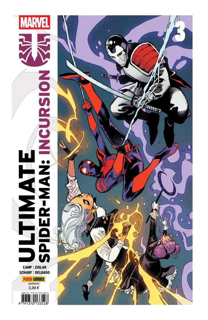 Portada de la serie Ultimate Spider-man: Incursión 3. La portada tiene una cuarta parte de la portada, en la izquierda, donde aparece el título de la colección y abajo los autores: CAMP, ZIGLAR, SCHARF y DELGADO. Los otros tres cuartas partes de la portada tiene una lucha entre el samurai de plata contra Spiderman (Miles Morales), Tormenta de verano y Nico Minoru.