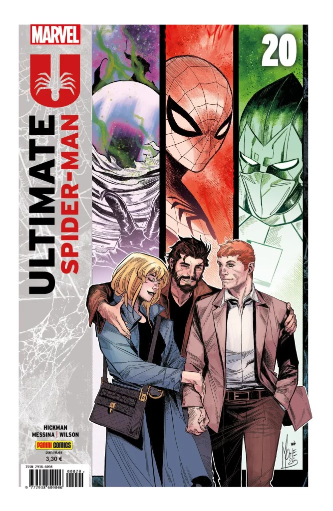 Portada de un cómic de Ultimate Spider-man. La portada está dividida en cuatro franjas verticales: En la izquierda aparece un fondo blanco con dibujos en escala de grises de telarañas y el título de la colección. Debajo los encargados de la colección: HIckman, Messina y Wilson. Cierra esa parte la editorial Panini Comics y el código de barras. En la segunda franja aparece con tonalidades de morado como si fuera un universo Misterio con su característica pecera y con la mano hacia adelante, también está coloreado en tonos morados (pero distintos a los del fondo). En la tercera franja de tonalidades rojas está un Spiderman casi de perfil. Y en la cuarta franja arriba del todo está en blanco el número de la colección, el 20. Y después en tonalidades verdes aparece el Duende Verde casi de frente. En la mitad inferior de la portada como por encima de las tres franjas de la derecha se encuentran Gwen agarrada del brazo de Harry mientras que Peter está por detrás de ellos pasándoles el brazo por encima. Los tres caminan en actitud relajada.