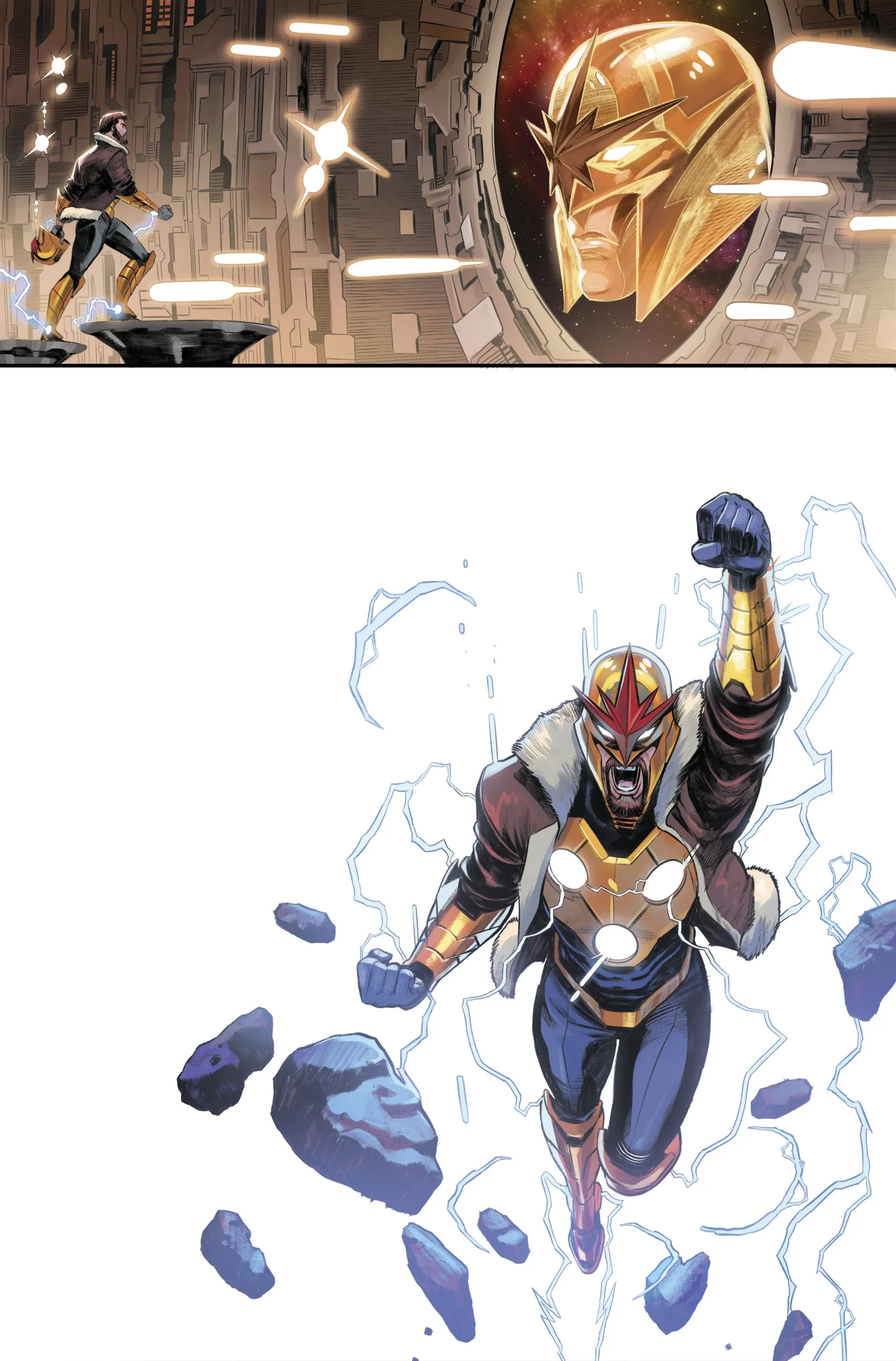 Ilustración de la portada del cómic Imperial War anque sin ninguna clase de letras, números o autores es solo la ilustración. En la parte superior, ocupando un tercio de la portada, aparece alguien que creo que es Nova en unos peldaños de rocas flotantes mirando a una cabeza flotante (la IA de los novacorps, creo). En los otros dos tercios aparece un fondo en blanco con Nova volando con un puño levantado y rodeado de rayos y rocas flotantes.