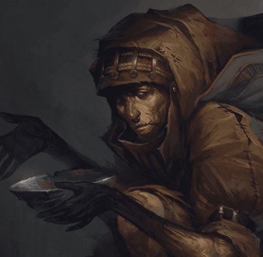 Es una ilustración a color de un mendigo con la cara bastante ajada por la edad y las penurias de vivir en la calle. Va cubierto con una especie de túnica y capucha marrón echa de retales de tela, sujeta con correas y cuerdas. Está en cuclillas con un cuenco sujeto en una de sus manos y como pidiendo en la otra. Ambas manos están muy sucias.