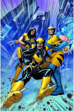 Ilustración de la portada del cómic 2 de Laura Kinney: Lobezna aunque sin los rótulos de la colección, autores, etc. En ella se ven a Honey (Gabby) y Lobezno con sus trajes amarillos típicos sujetando a Laura (también con su traje) y como tirando de ella. Laura tiene cara de miedo y tiene las garras de la mano y la de los pies fuera. Las caras de Gabbie y Logan es como de divertidos maníacos. De fondo se ven unos rascacielos difuminados como con líneas de velocidad.