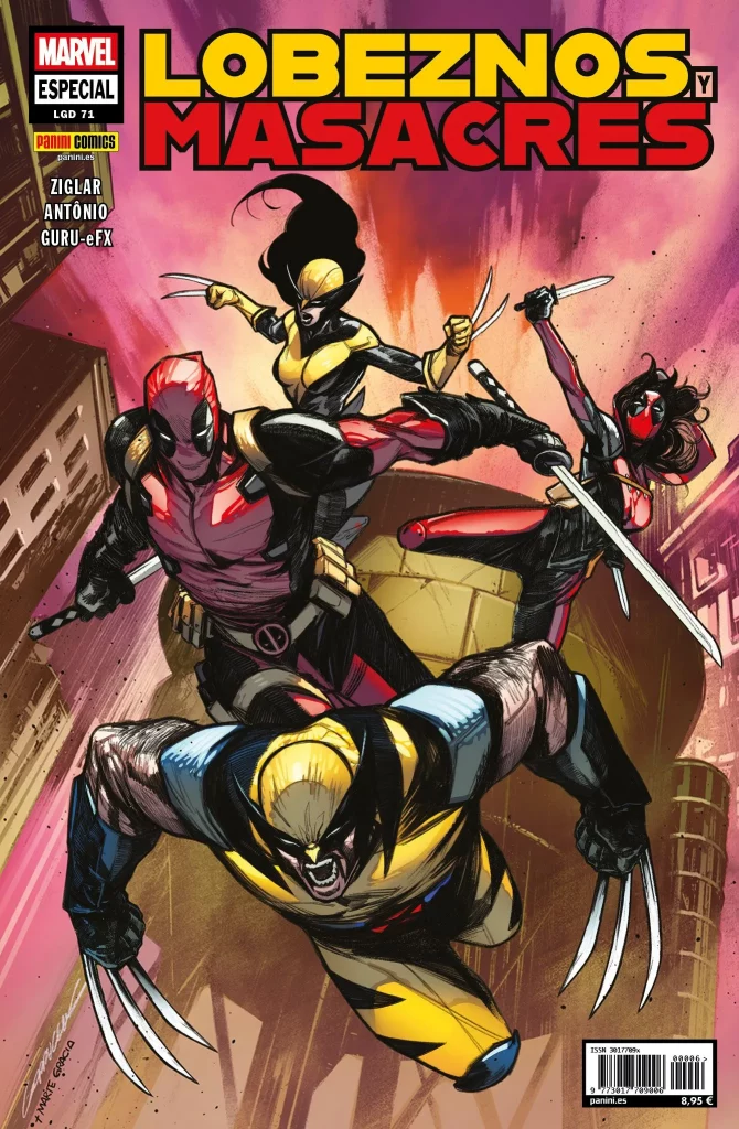 Portada del cómics Lobeznos y Masacres publicado en español por panini. La imagen muestra el título de la miniserie arriba con Lobeznos en letra amarilla, Masacres en letra roja y al Y en negrita. A la izquierda aparece Marvel Especial Legado 71. Bajo lo de marvel está el logo de PANINI COMICS y los apellidos del equipo creativo: ZIGLAR, ANTONIO y GURU-eFX. La imagen principal de la portada muestra a Lobezno con las garras extendidas en primer plano, Masacre-Wade con las espadas fuera por detrás, a continuación Masacre-Ellie con un cuchillo en la cada mano y lanzando una patada. Más o menos a su misma altura está Laura (X-23 Lobezna) con sus garras fueras, la derecha un poco más atrás como si estuviera lanzando un tajo. La actitud es la de los cuatro lanzándose salvajemente al combate
