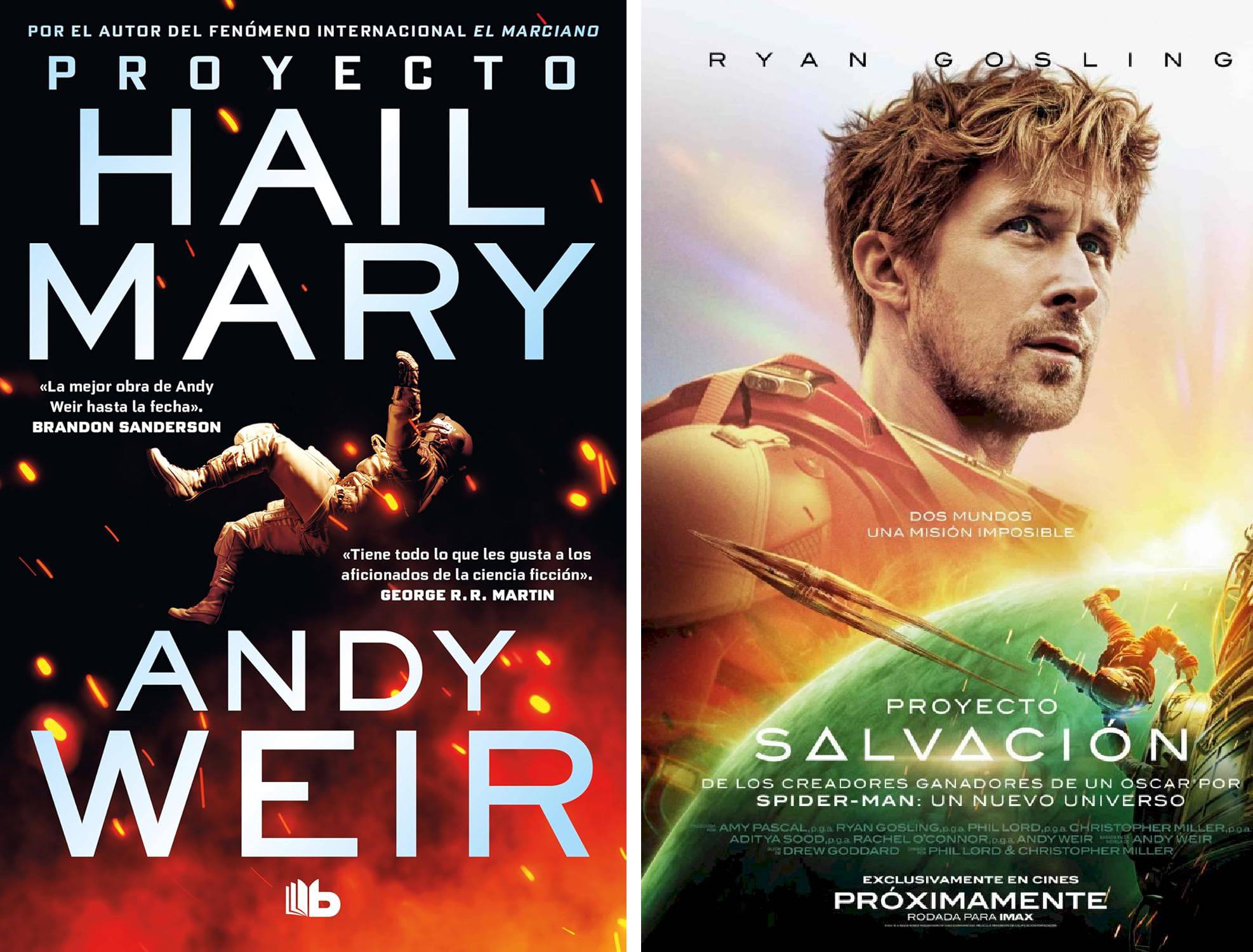Una imagen en que se ve a la izquierda la portada de Proyecto Hail Mary en edición de bolsillo. Y a la derecha el cartel de Proyecto Salvación de la película.