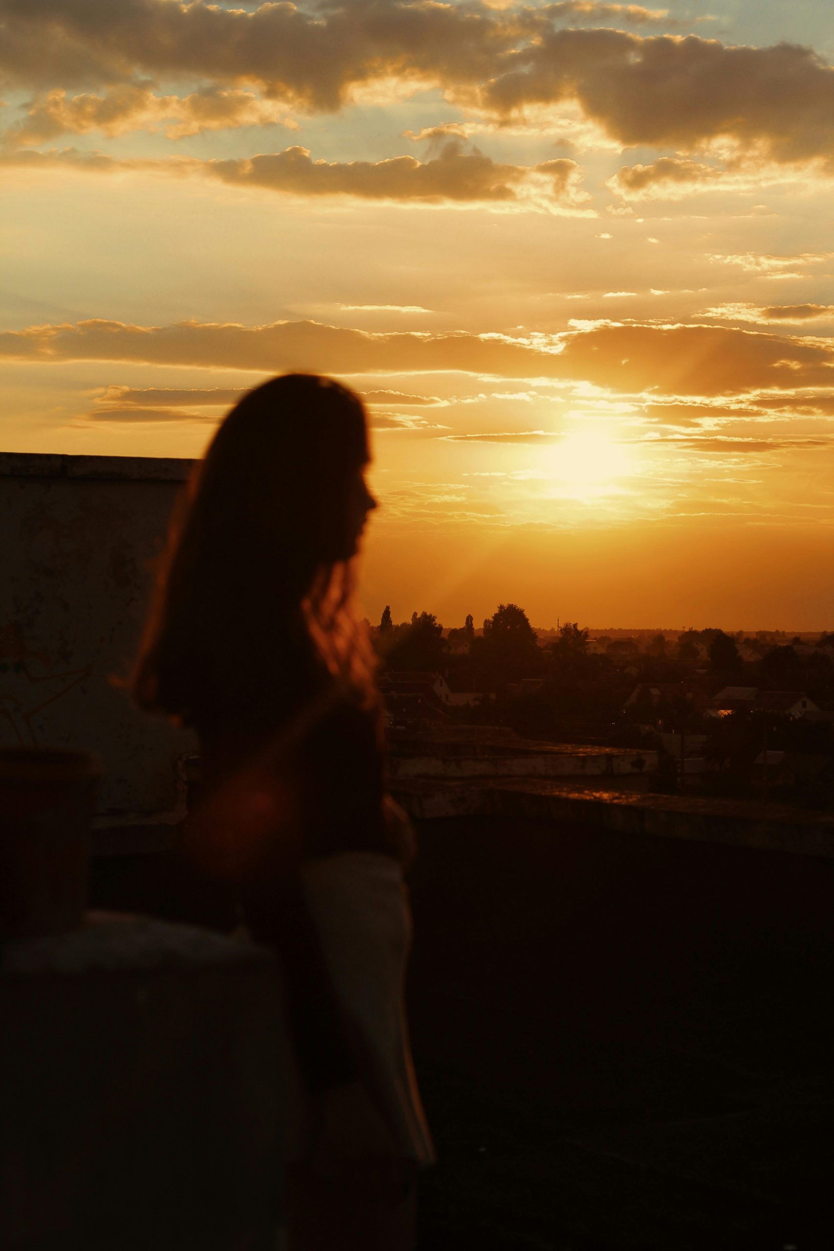Fotografía real de una mujer de perfil. De ella prácticamente solo se aprecia su silueta puesto que el foco de la foto está puesto en el sol del atardecer que se aprecia al fondo sobre un paisaje rural.