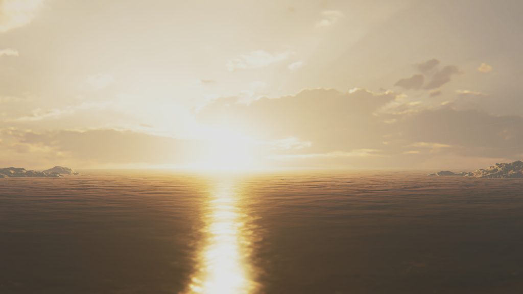 Captura del videojuego Pragmata donde se ve un atardecer sobre el mar.