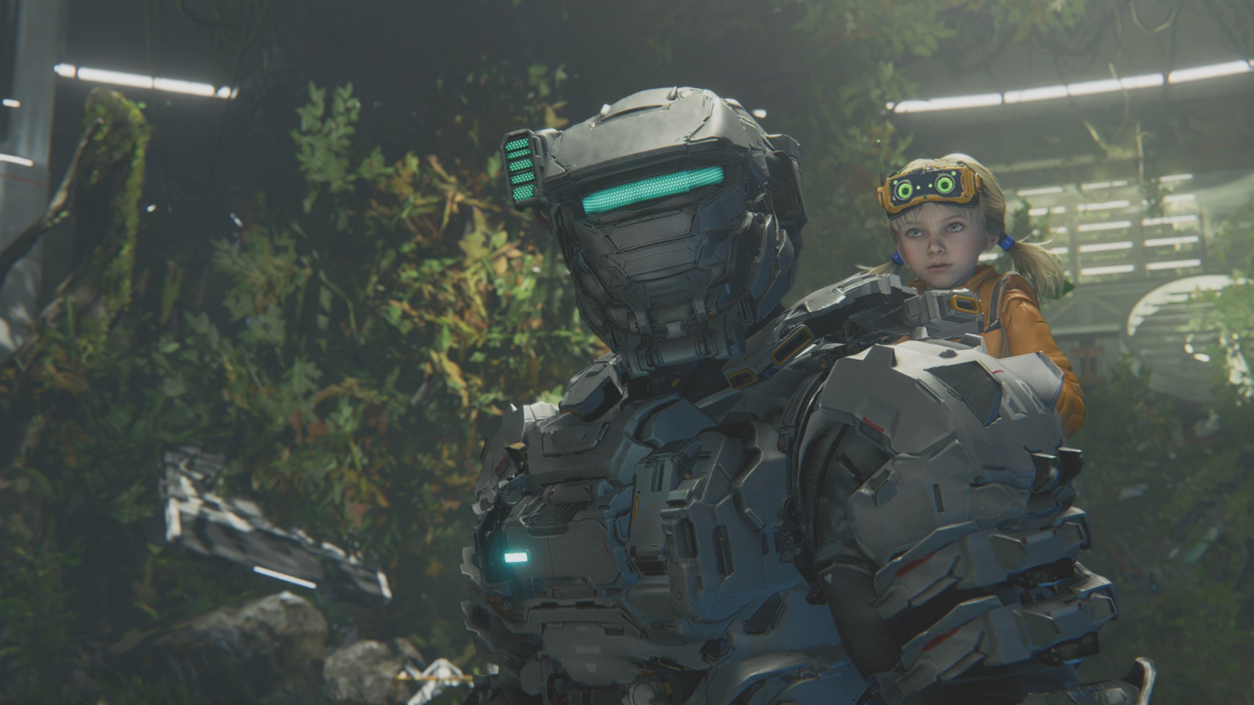 Captura del videojuego Pragmata donde se ve a un hombre vestido con armadura de combate llevando a sus espaldas a una niña rubia con dos coletas (no es el traje habitual de la niña)